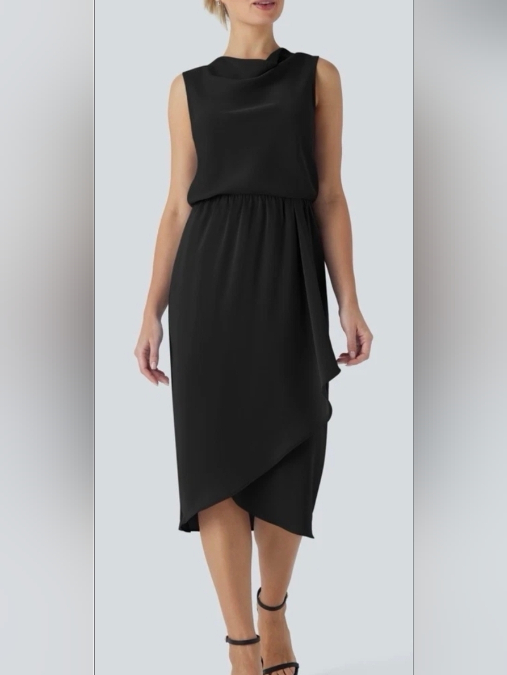 Halara Black Cowl Neck Faux Wrap Ruffle Midi Dress Sleeveless Draped Elegant - Picture 2 of 10